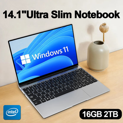 Laptop 14.1" Ultra Slim Intel N3700 16GB RAM 2TB SSD Windows 11 Notebook Portatile FHD IPS WiFi Bluetooth PC Lavoro Studio Gaming Leggero