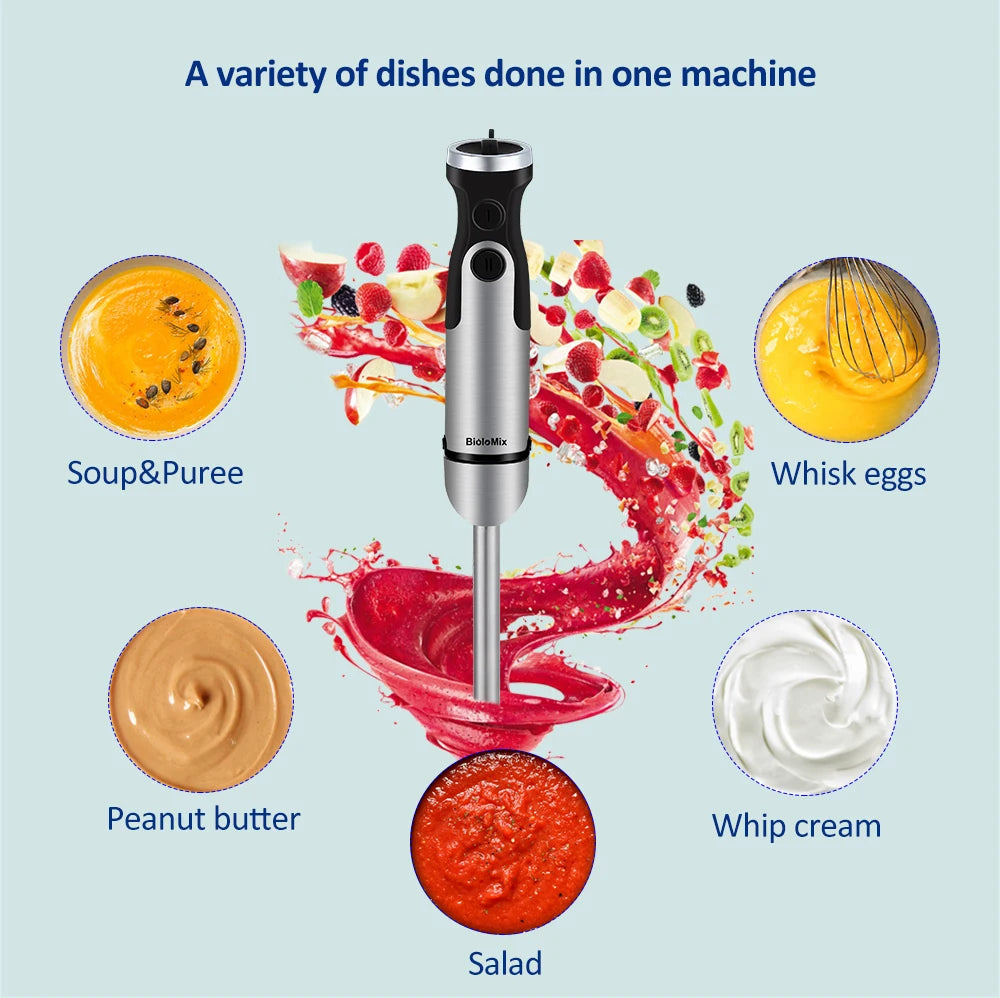 BioloMix 1200W Immersion Blender 5-in-1 Set Includes Vegetable Chopper Meat Grinder Whisk Smoothie Cup