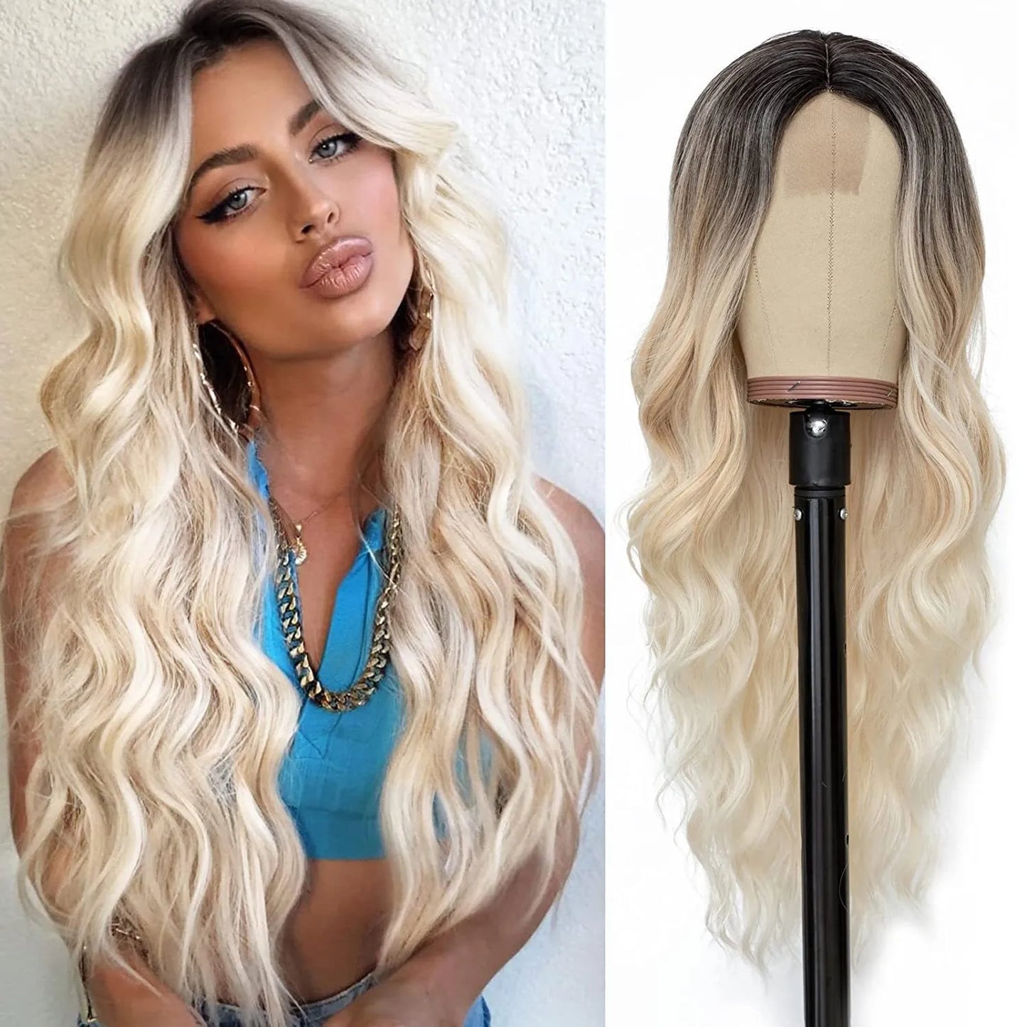 Synthetic Long Lace Ombre Blonde Wavy Wig for Women 26