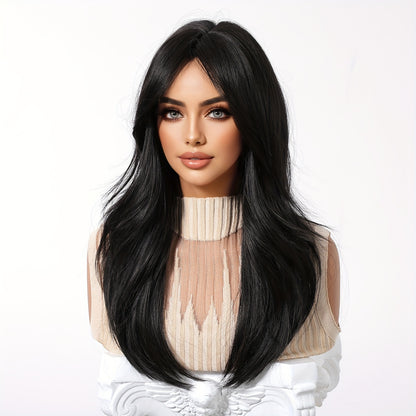 Daily Wig, Black Middle Part Long Straight Hair, Rose Net Cap, European and American Women
