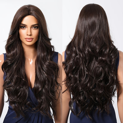 Elegant Long Brown Wig with Highlights | 150% Density Curly Waves | Rose Net Cap | Versatile Casual Attire - High-Temperature Matte Synthetic Fiber for Natural Look