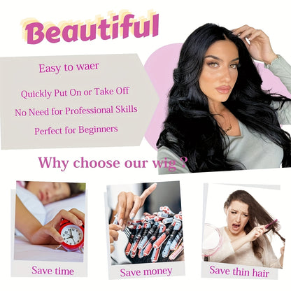 28-inch Black Body Wave Wig - Adds a Sense of Elegance to Long Curly Hair. Offers Natural Shine. A Sophisticated Girl's Style. Perfect for Themed Parties and Everyday Party Gatherings. Must-have for Regular Parties and Gather