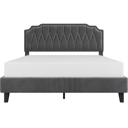 Costoffs Bed Frame with Upholstered And Quilted Headboard Adjustable Height Wooden Bed with Slatted Base Solid Wood And Metal Legs