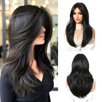 Daily Wig, Black Middle Part Long Straight Hair, Rose Net Cap, European and American Women