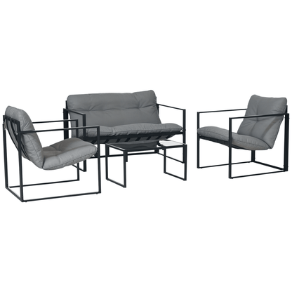Sunny Set 4pcs Garden Sofa Set, Furniture Set with 2-Seater Sofa, 2 Armchairs, Cushions And Glass Coffee Table, Steel Structure, Black And Grey