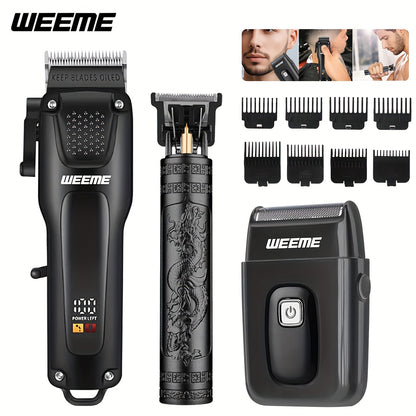 3 Piece Professional Hair Clipper for Men + Beard Trimmer + Electric Razor Kit