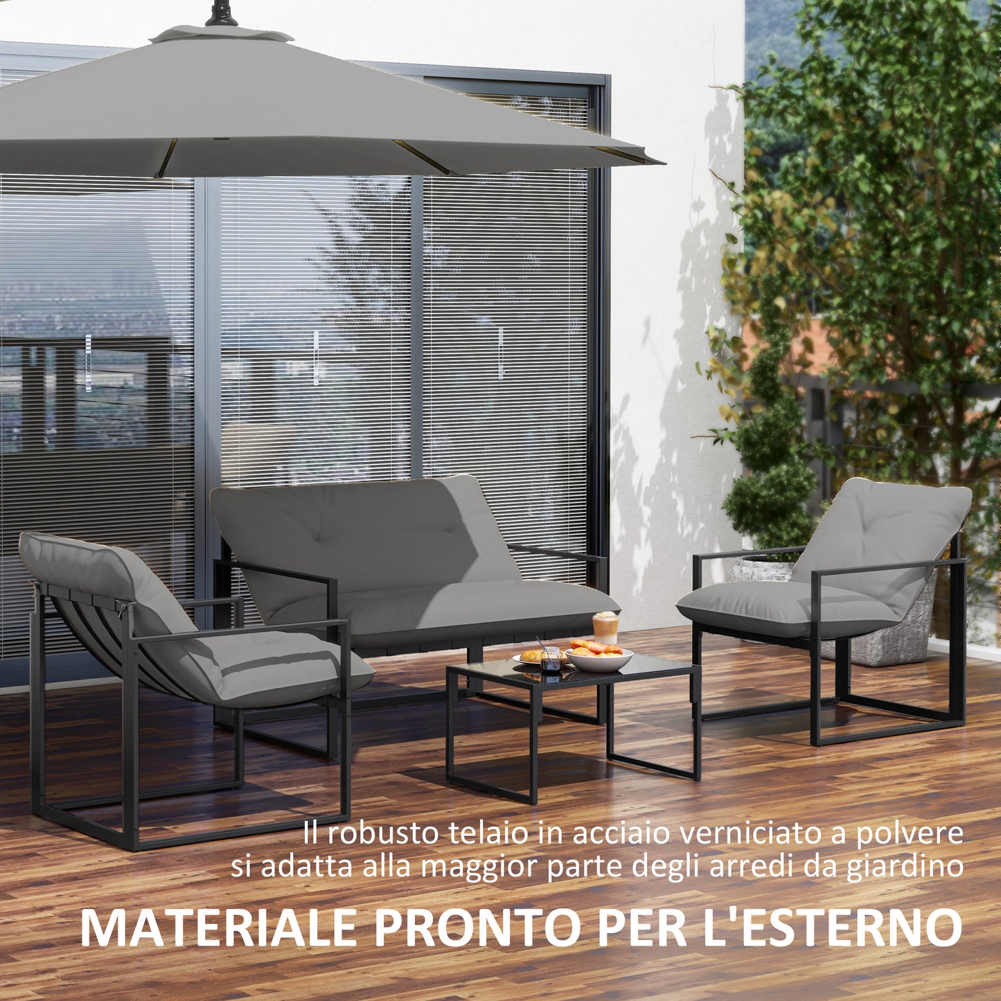 Sunny Set 4pcs Garden Sofa Set, Furniture Set with 2-Seater Sofa, 2 Armchairs, Cushions And Glass Coffee Table, Steel Structure, Black And Grey