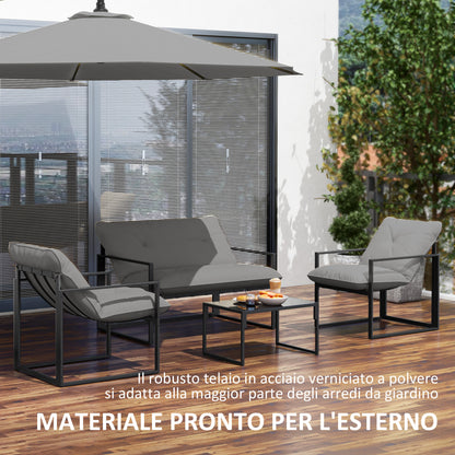 Sunny Set 4pcs Garden Sofa Set, Furniture Set with 2-Seater Sofa, 2 Armchairs, Cushions And Glass Coffee Table, Steel Structure, Black And Grey
