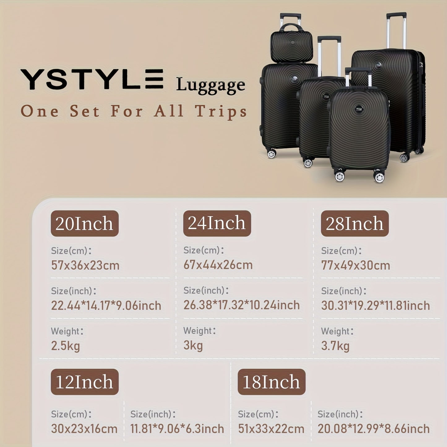 YSTYLE 3pcs/5pcs Luggage Set – ABS Carry-On Suitcases with 360° Silent Spinner Wheels & TSA Combination Lock