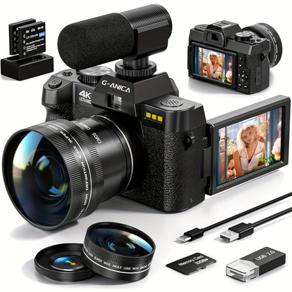 G-ANICA Fotocamera Digitale 48MP 4K Vlogging Camera WiFi con App, Macro + Wide Lens, Display OLED, Autofocus, 32GB