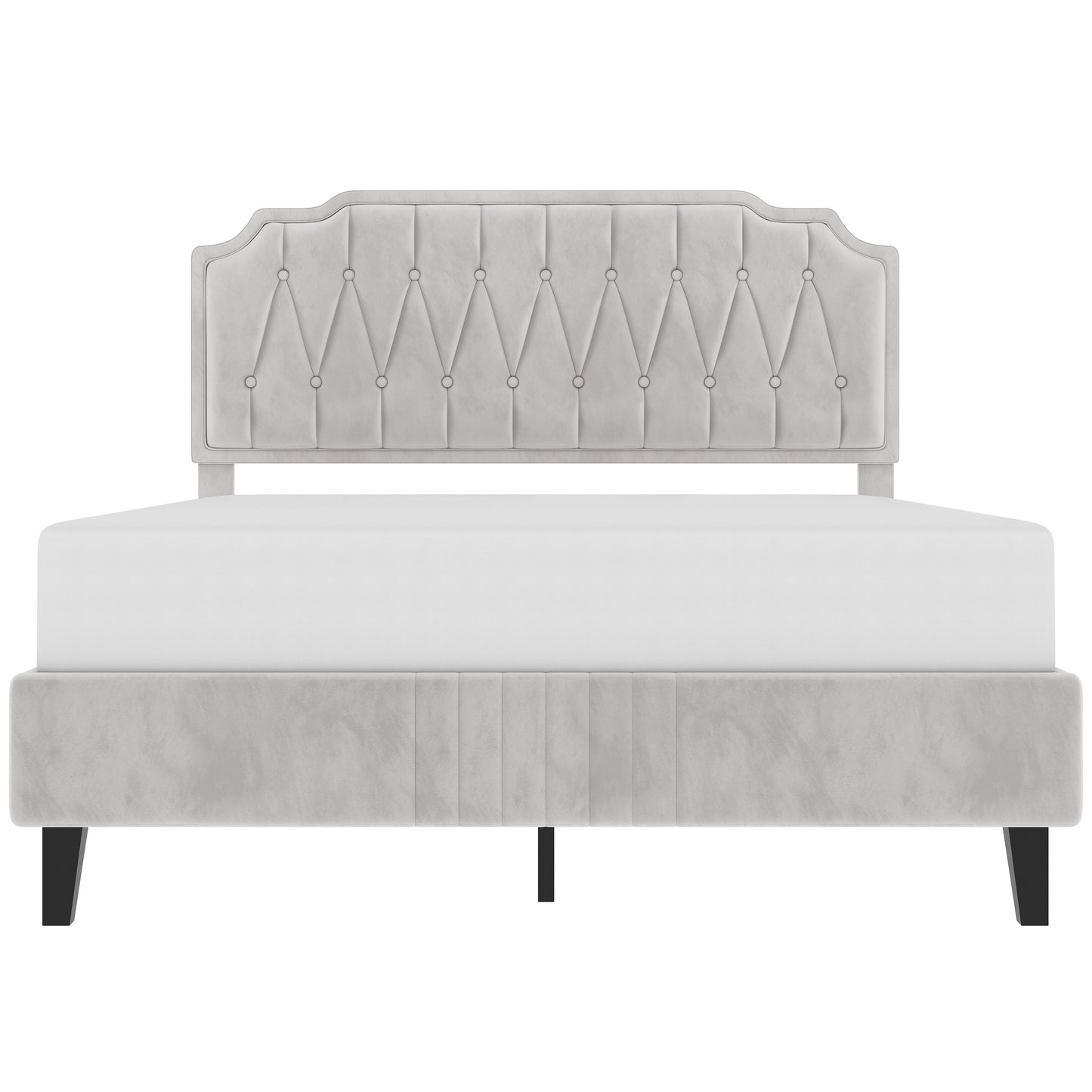 Costoffs Bed Frame with Upholstered And Quilted Headboard Adjustable Height Wooden Bed with Slatted Base Solid Wood And Metal Legs