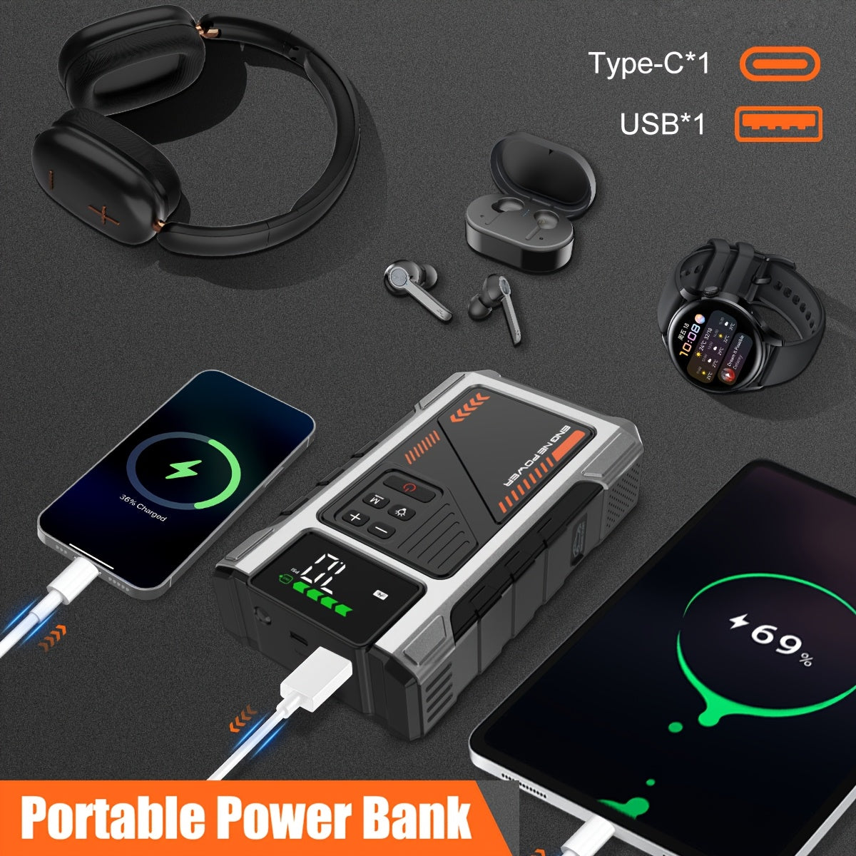 12,000mAh Jump Starter Power Pack 6000A Car Battery Booster & 150PSI LCD Display