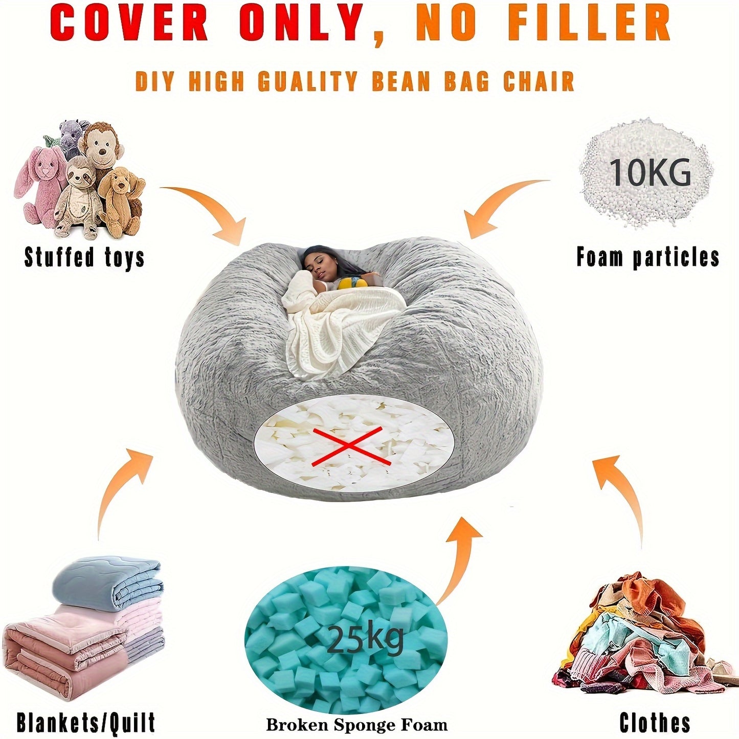 1pc of Extra-Large Memory Foam Furniture And Large Recliner Sofa, Equipped with a Soft Bean Chair Cover