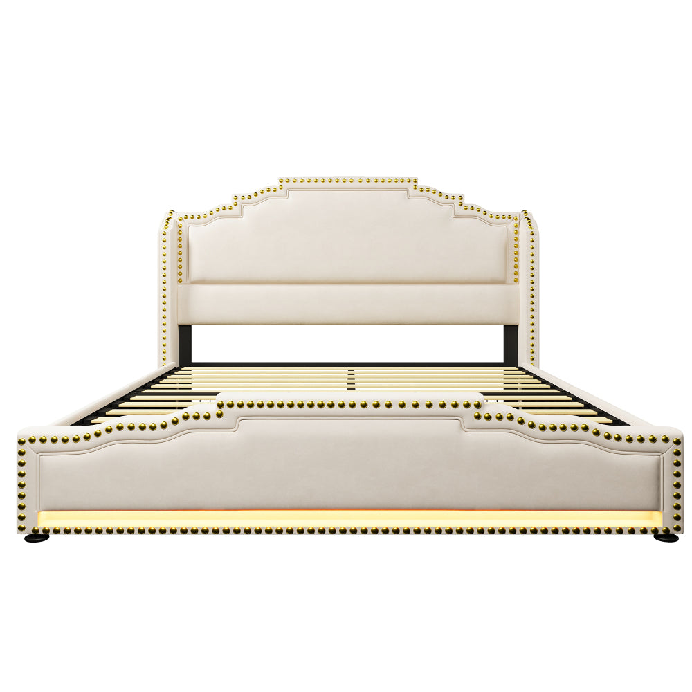 MUVOE Letto Moderno Minimalista 140x200/160x200cm con 4 Cassetti, Letto Contenitore in Velluto Beige, Struttura a Doghe, Letto Matrimoniale Hotel Business