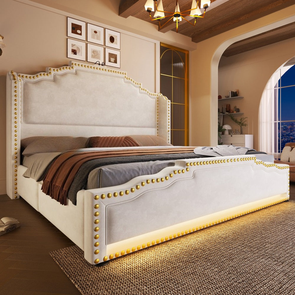 MUVOE Letto Moderno Minimalista 140x200/160x200cm con 4 Cassetti, Letto Contenitore in Velluto Beige, Struttura a Doghe, Letto Matrimoniale Hotel Business