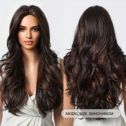 Elegant Long Brown Wig with Highlights | 150% Density Curly Waves | Rose Net Cap | Versatile Casual Attire - High-Temperature Matte Synthetic Fiber for Natural Look