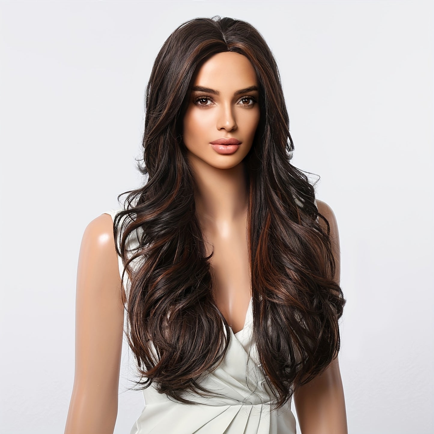 Elegant Long Brown Wig with Highlights | 150% Density Curly Waves | Rose Net Cap | Versatile Casual Attire - High-Temperature Matte Synthetic Fiber for Natural Look