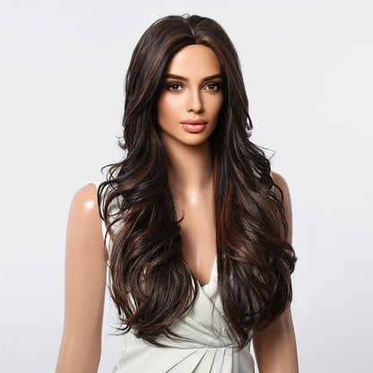 Elegant Long Brown Wig with Highlights | 150% Density Curly Waves | Rose Net Cap | Versatile Casual Attire - High-Temperature Matte Synthetic Fiber for Natural Look
