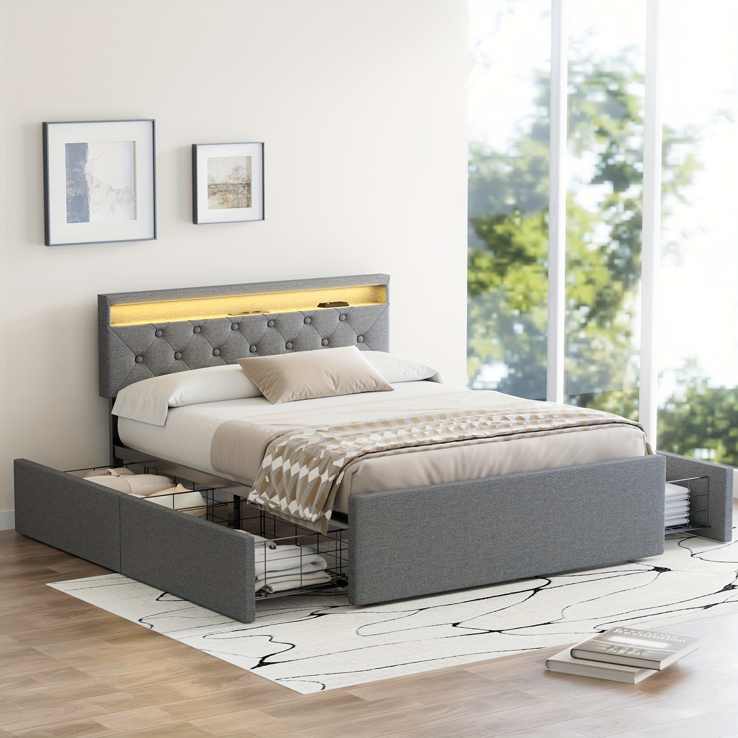 Kehot Letto Matrimoniale 140x200 con LED e 4 Cassetti Contenitore, Letto Imbottito in Tessuto Grigio con Testiera LED USB, Struttura Letto con Doghe in Legno e Metallo