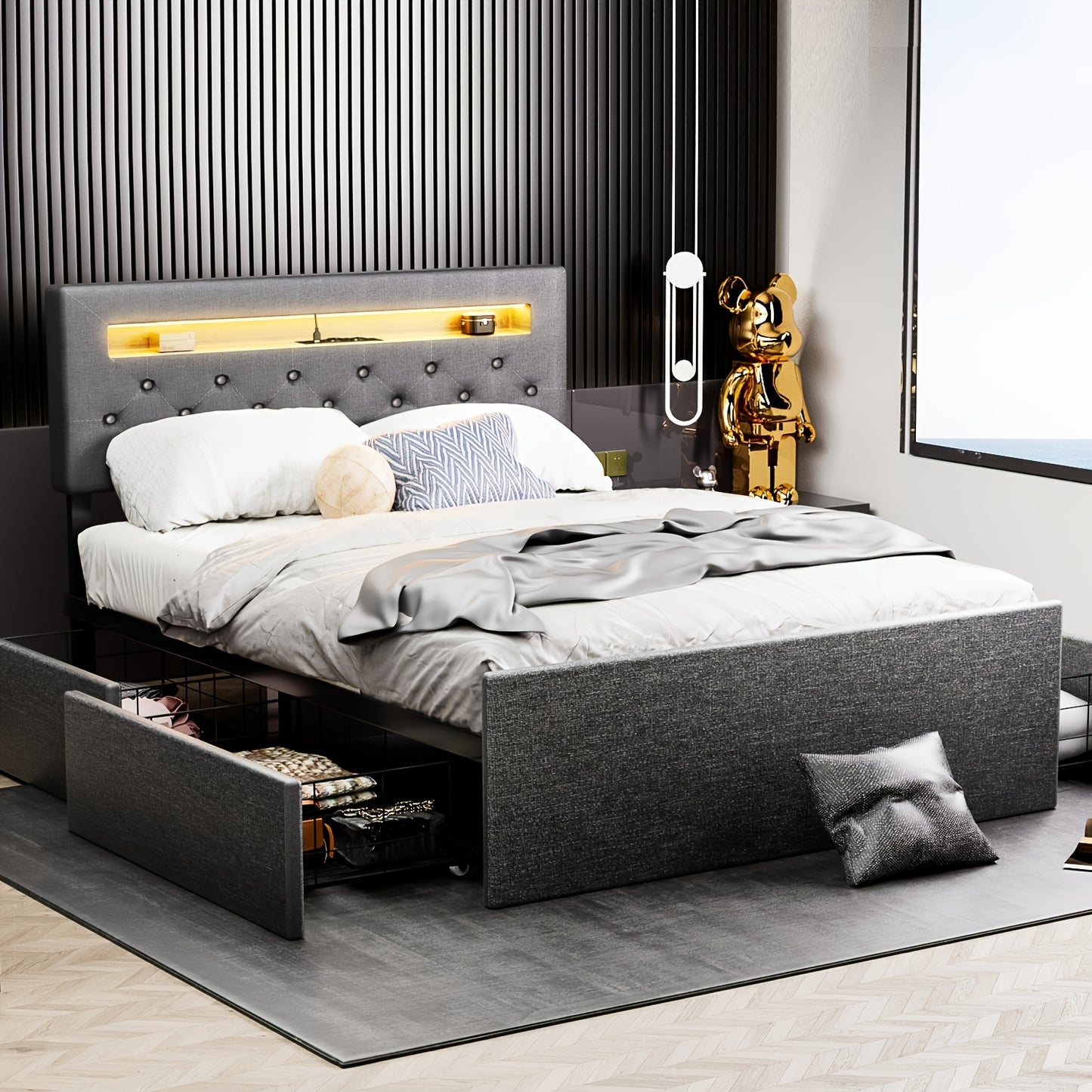 letto matrimoniale 140x200 cm con luci LED, testiera imbottita con vano contenitore silenziosa, colore grigio