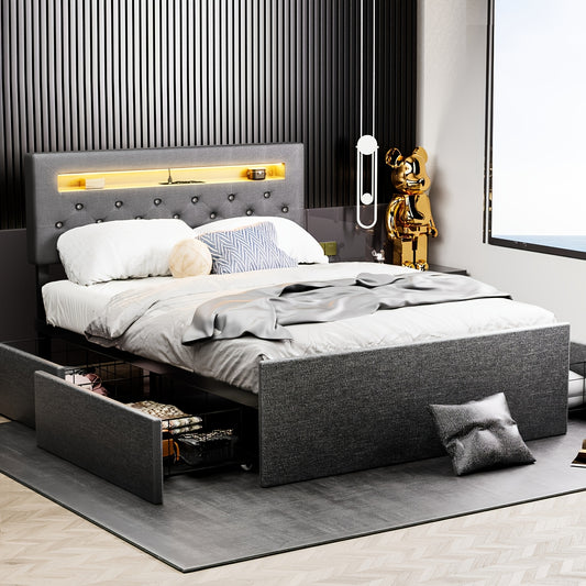 letto matrimoniale 140x200 cm con luci LED, testiera imbottita con vano contenitore silenziosa, colore grigio