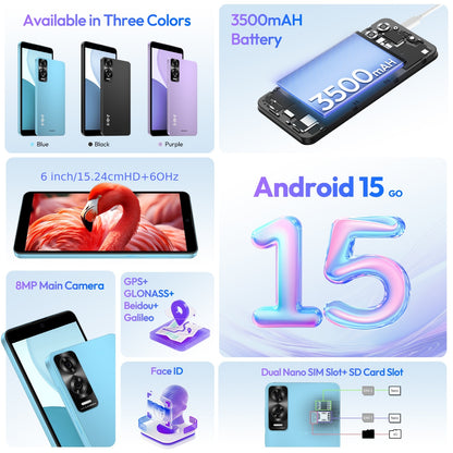 XGODY Android 15 Smartphone | 6.0" Touch Screen, 7GB RAM+32GB ROM, 4G LTE Dual SIM, Octa-Core Processor, 5MP+8MP Camera, Face Unlock, 3500mAh Battery