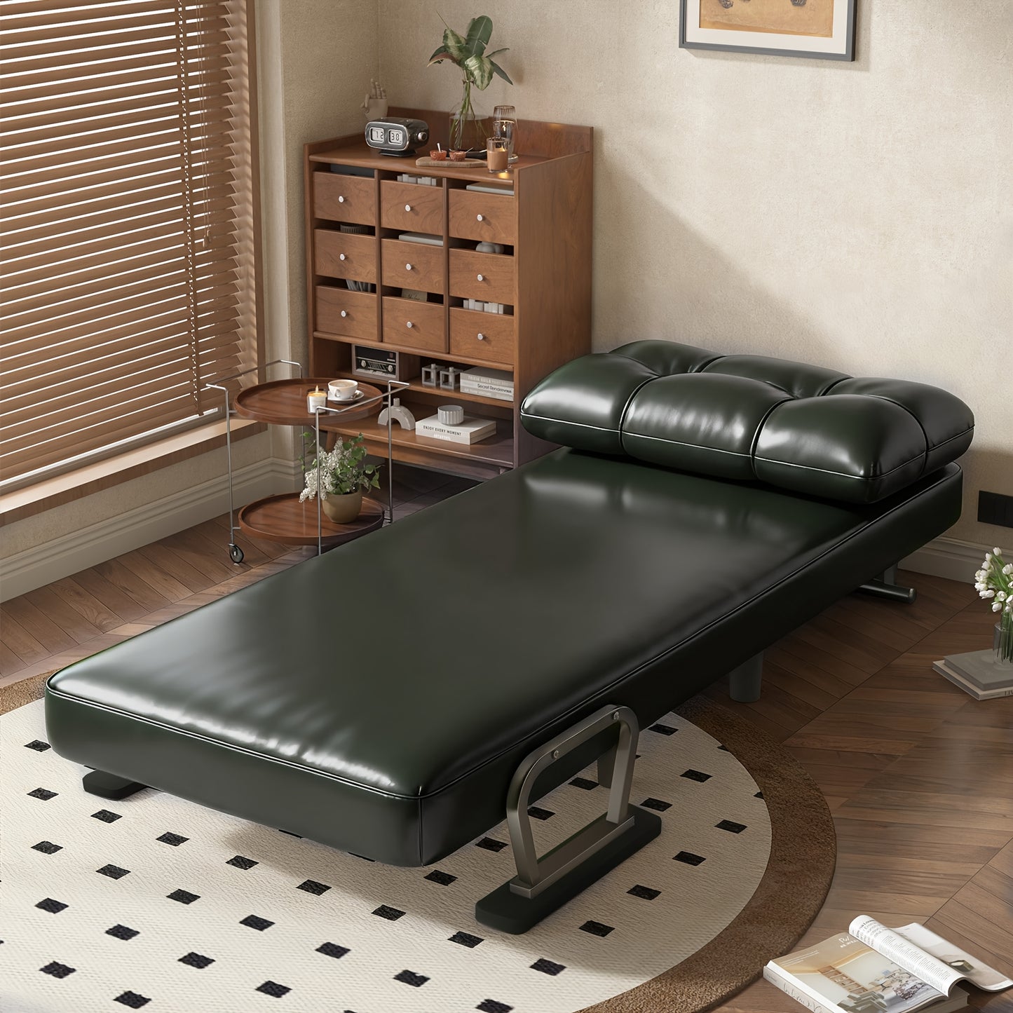 Foldable Sofa Bed Frame with Leather Armrests - Space-Saving Sleeper Bed Suitable for Small Apartments, Dorms, Guest Rooms