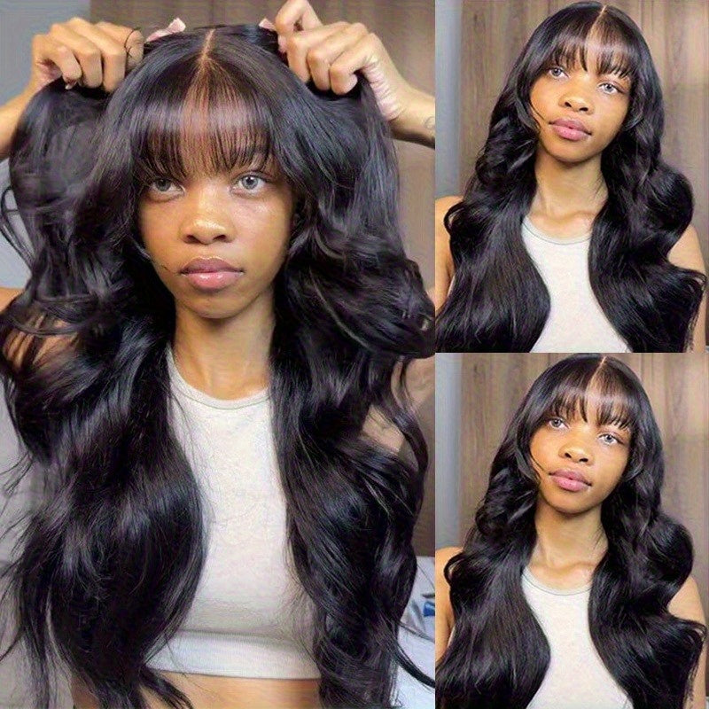 200% Density Brazilian Human Hair Wig Glueless Scalp Top Wig with Natural #1B Color - Body Wavy Long True Length Wig for Women, Machine-Made Full Hair No Lace Front Wigs Suitable for Skin Tones