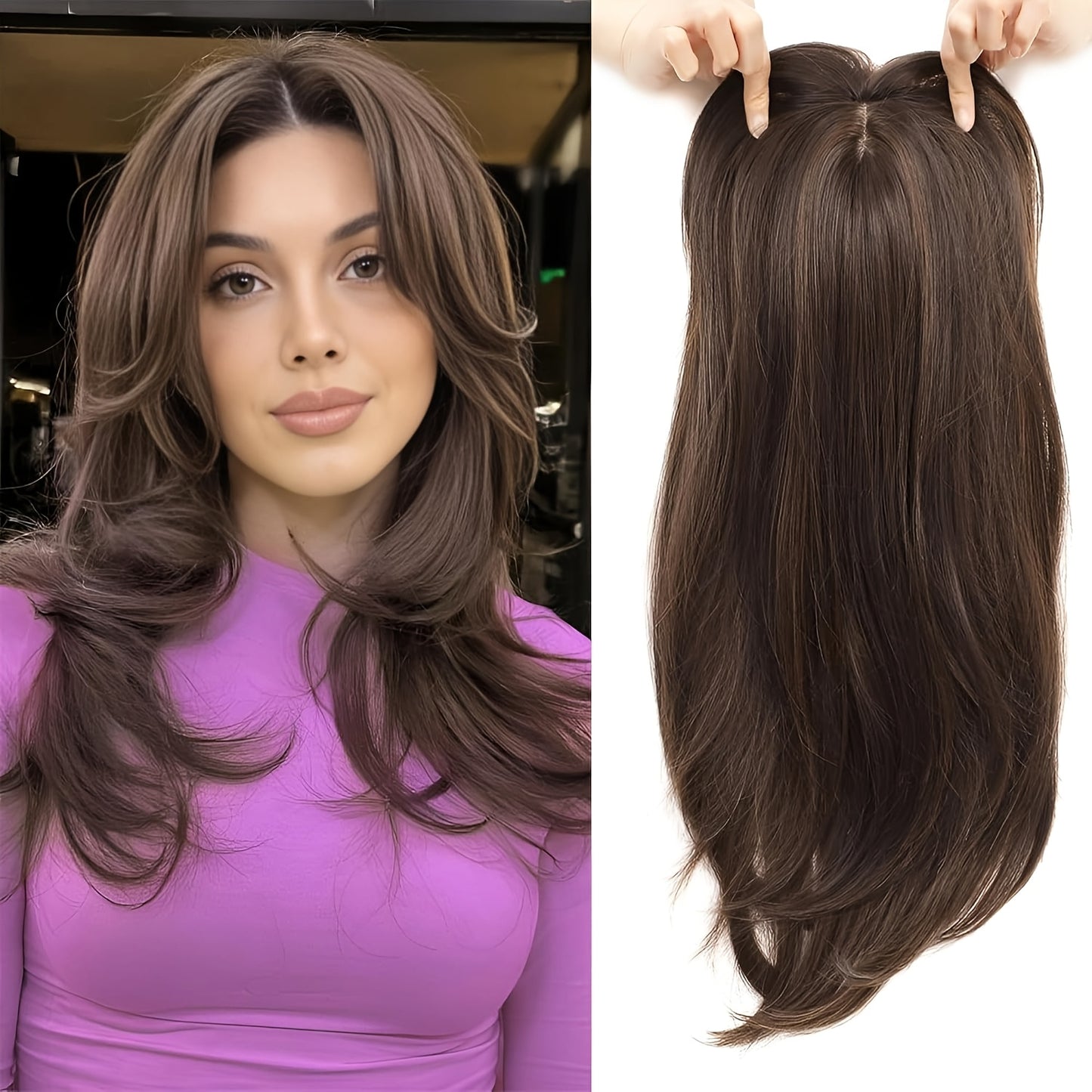 22-Inch (Approximately 55 Cm) Light Golden And Bleached Blonde Mixed Hair Top Synthetic Hairpiece with a Swiss Base And 3 Clips, Suitable for Thinning Hair And Gray Hair Loss.