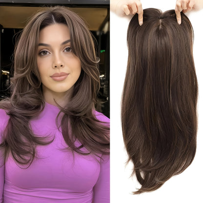 22-Inch (Approximately 55 Cm) Light Golden And Bleached Blonde Mixed Hair Top Synthetic Hairpiece with a Swiss Base And 3 Clips, Suitable for Thinning Hair And Gray Hair Loss.