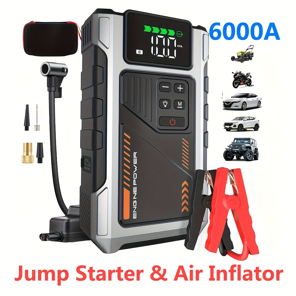 12,000mAh Jump Starter Power Pack 6000A Car Battery Booster & 150PSI LCD Display
