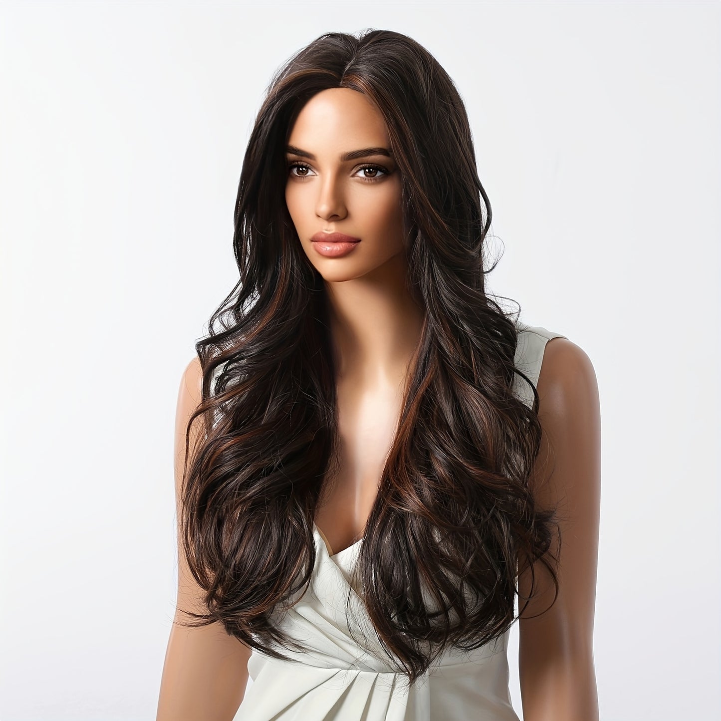 Elegant Long Brown Wig with Highlights | 150% Density Curly Waves | Rose Net Cap | Versatile Casual Attire - High-Temperature Matte Synthetic Fiber for Natural Look