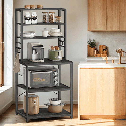 Kitchen Shelf with Power Strip, Microwave Oven Cabinet with Shelves and Hooks