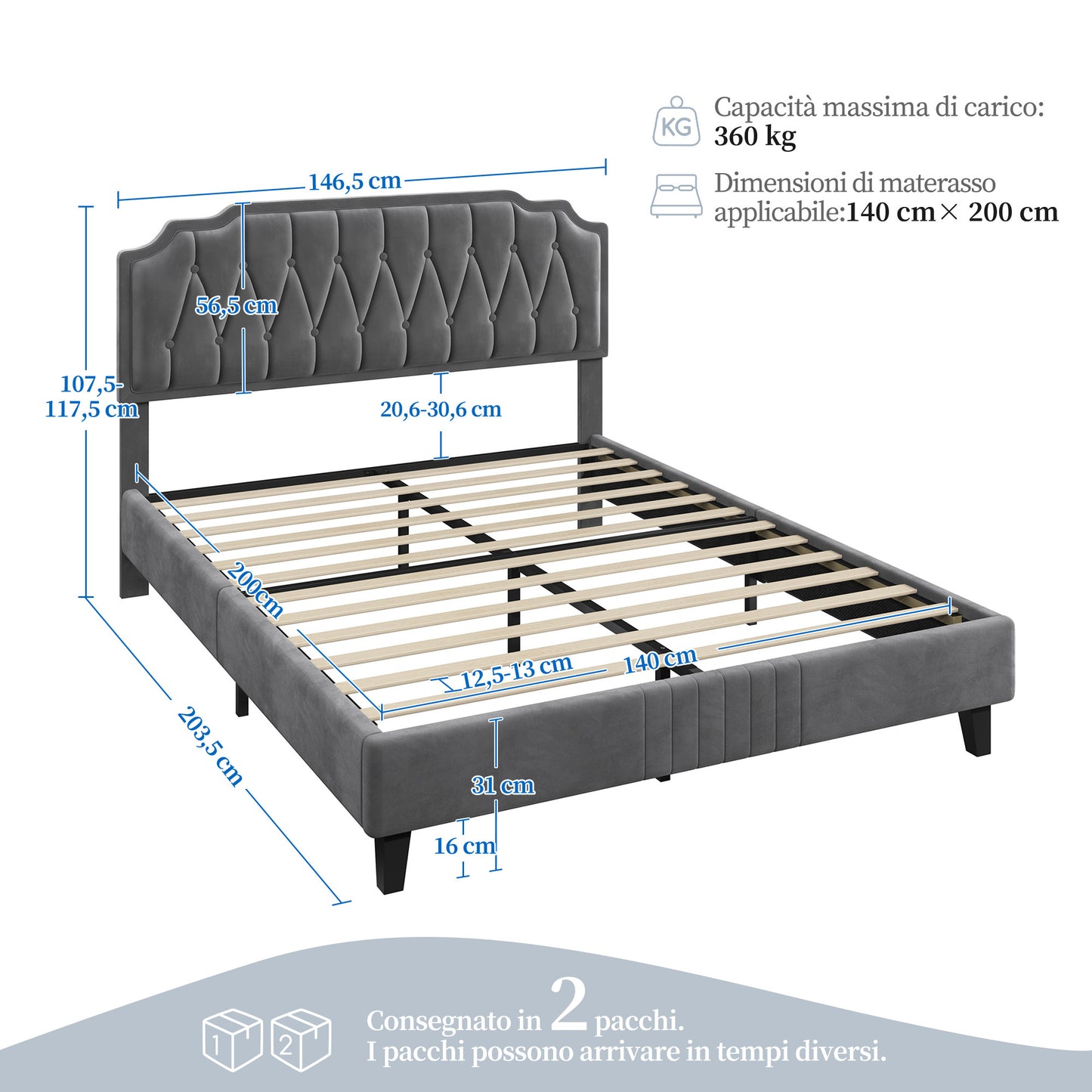 Costoffs Bed Frame with Upholstered And Quilted Headboard Adjustable Height Wooden Bed with Slatted Base Solid Wood And Metal Legs
