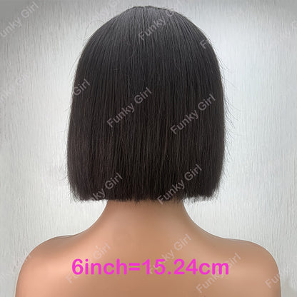 150% Density Short Bob Human Hair Wigs with Bangs | Straight, Glueless, Full Machine Made, 100% Real Human Hair, Rose Net Cap, by FUNKY GIRL