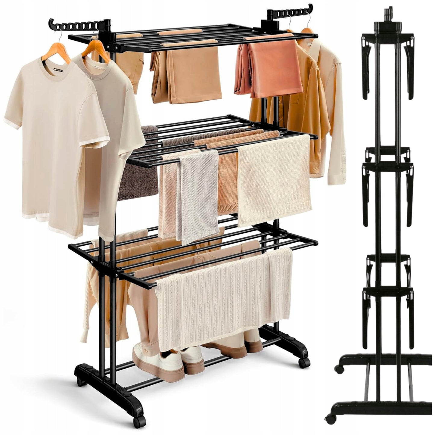 XXL Standing Clothes Drying Rack, Foldable, 3 Tiers, 6 Arms Maximum Load 50 Kg Space-Saving Ideal for Home And Apartment