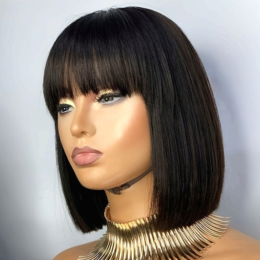 150% Density Short Bob Human Hair Wigs with Bangs | Straight, Glueless, Full Machine Made, 100% Real Human Hair, Rose Net Cap, by FUNKY GIRL