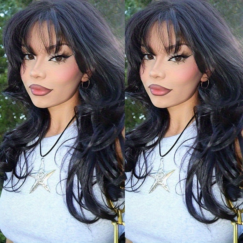 200% Density Brazilian Human Hair Wig Glueless Scalp Top Wig with Natural #1B Color - Body Wavy Long True Length Wig for Women, Machine-Made Full Hair No Lace Front Wigs Suitable for Skin Tones