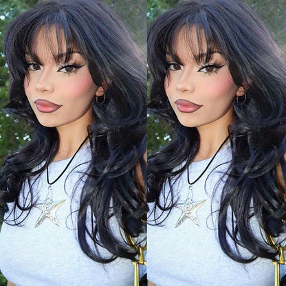 200% Density Brazilian Human Hair Wig Glueless Scalp Top Wig with Natural #1B Color - Body Wavy Long True Length Wig for Women, Machine-Made Full Hair No Lace Front Wigs Suitable for Skin Tones