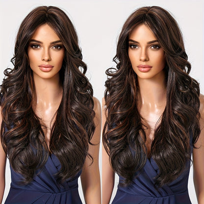 Elegant Long Brown Wig with Highlights | 150% Density Curly Waves | Rose Net Cap | Versatile Casual Attire - High-Temperature Matte Synthetic Fiber for Natural Look