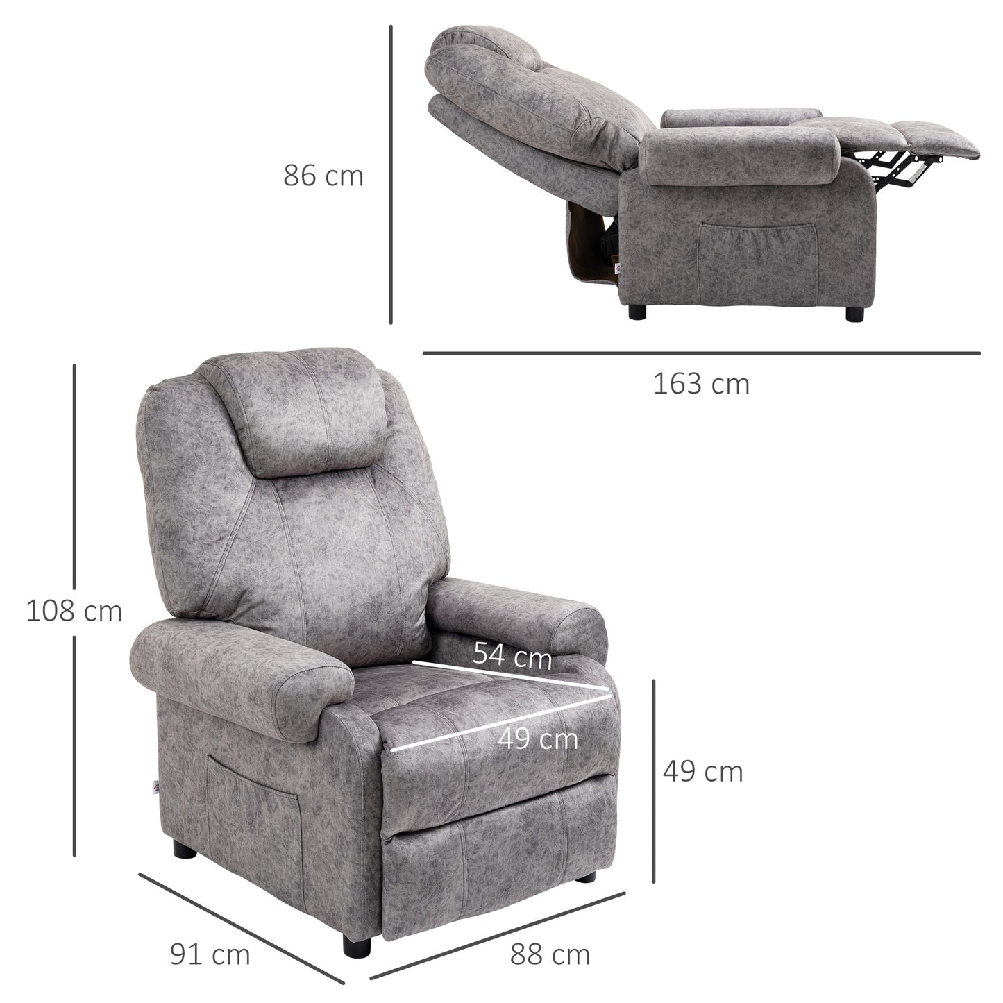 HOMCOM Manual Fabric Reclining Relax Armchair, Recliner with Pull-Out Footrest and Side Pocket