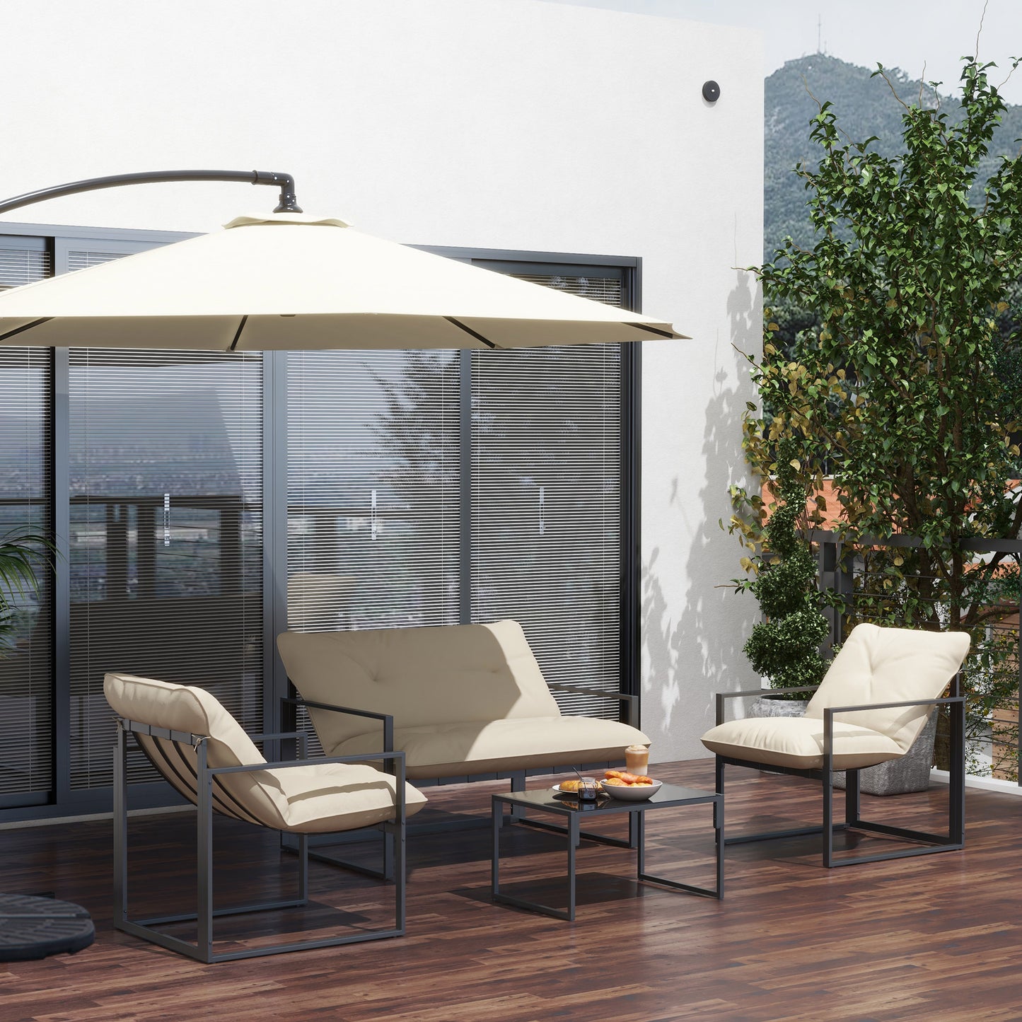 Sunny Set 4pcs Garden Sofa Set, Furniture Set with 2-Seater Sofa, 2 Armchairs, Cushions And Glass Coffee Table, Steel Structure, Black And Grey