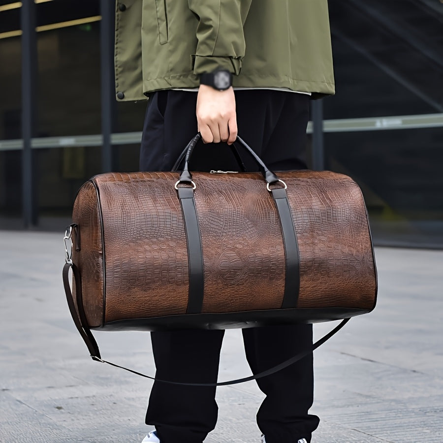 Vintage Crocodile Pattern Duffel Bag – Retro Large Capacity Travel Tote (Black, Light Brown, Dark Brown)