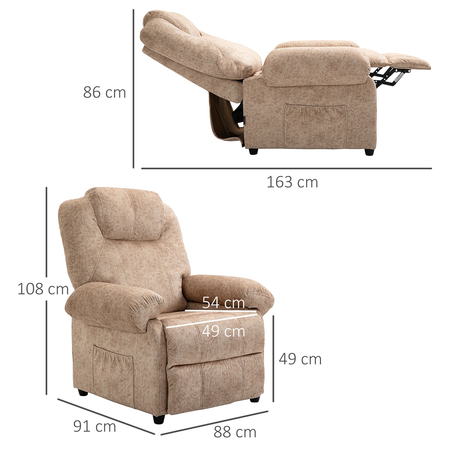 HOMCOM Manual Fabric Reclining Relax Armchair, Recliner with Pull-Out Footrest and Side Pocket