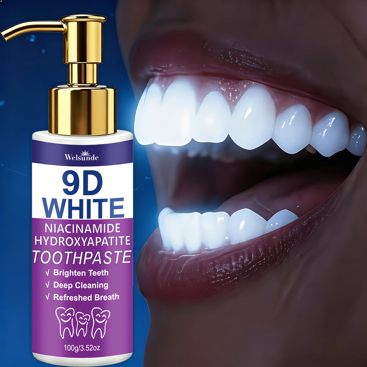 Rivoluziona il tuo sorriso e ottieni denti visibilmente più luminosi con il Dentifricio Viola Sbiancante 9D White. TK
