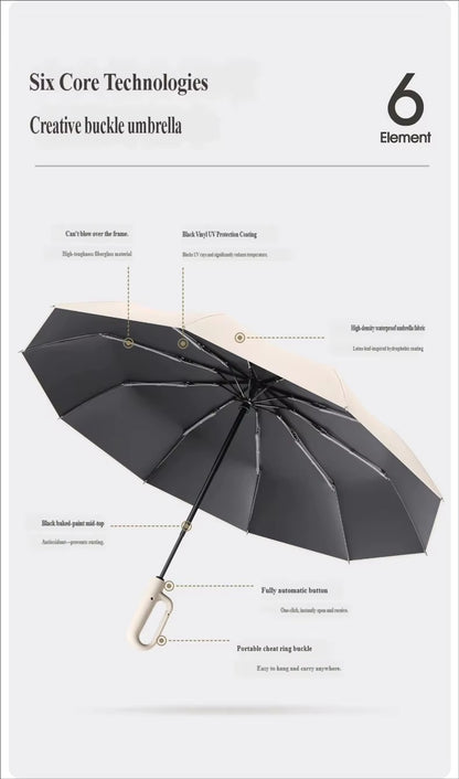 Ombrello Pieghevole Totalmente Automatico - Antivento con Fibbia ad Anello. TK