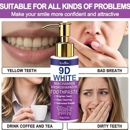 Rivoluziona il tuo sorriso e ottieni denti visibilmente più luminosi con il Dentifricio Viola Sbiancante 9D White. TK