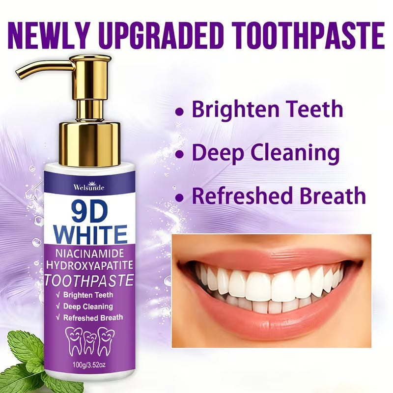 Rivoluziona il tuo sorriso e ottieni denti visibilmente più luminosi con il Dentifricio Viola Sbiancante 9D White. TK